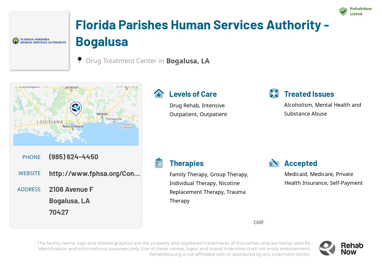 Helpful reference information for Florida Parishes Human Services Authority - Bogalusa, a drug treatment center in Louisiana located at: 2106 Avenue F, Bogalusa, LA, 70427, including phone numbers, official website, and more. Listed briefly is an overview of Levels of Care, Therapies Offered, Issues Treated, and accepted forms of Payment Methods.