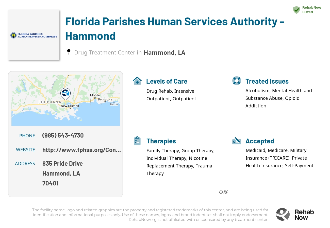 Helpful reference information for Florida Parishes Human Services Authority - Hammond, a drug treatment center in Louisiana located at: 835 Pride Drive, Hammond, LA, 70401, including phone numbers, official website, and more. Listed briefly is an overview of Levels of Care, Therapies Offered, Issues Treated, and accepted forms of Payment Methods.