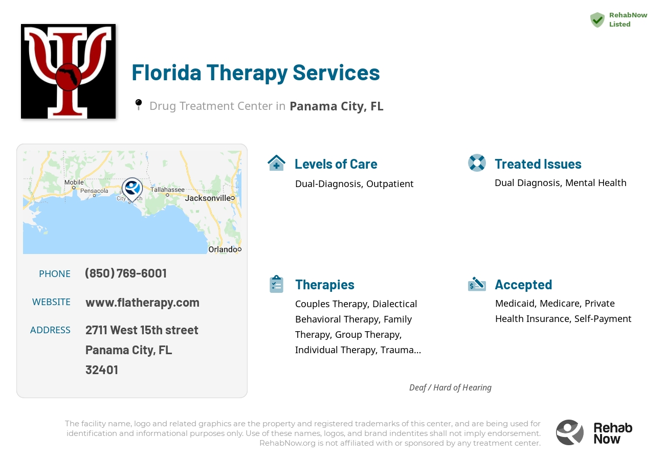 Helpful reference information for Florida Therapy Services, a drug treatment center in Florida located at: 2711 West 15th street, Panama City, FL, 32401, including phone numbers, official website, and more. Listed briefly is an overview of Levels of Care, Therapies Offered, Issues Treated, and accepted forms of Payment Methods.