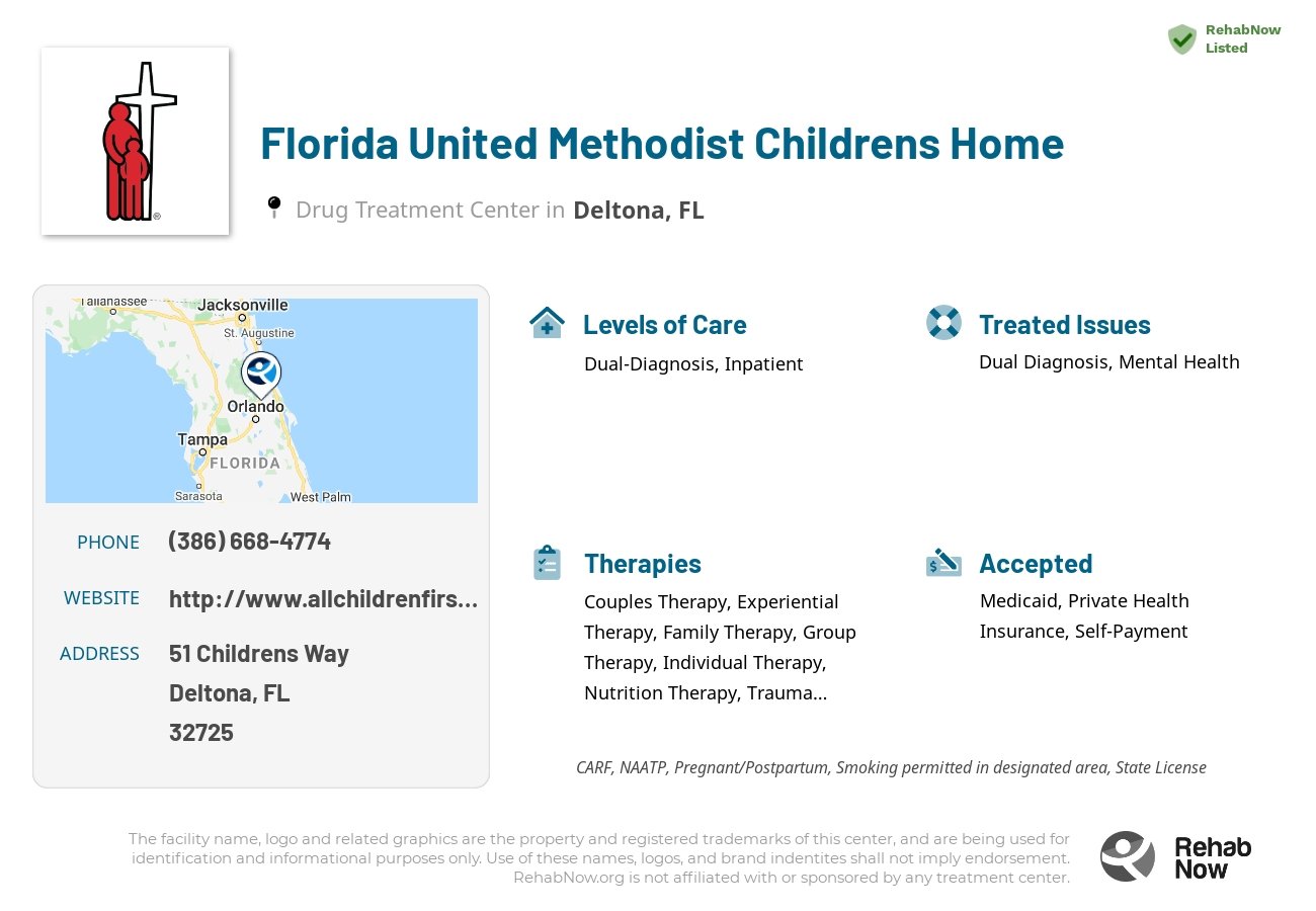 Helpful reference information for Florida United Methodist Childrens Home, a drug treatment center in Florida located at: 51 Childrens Way, Deltona, FL, 32725, including phone numbers, official website, and more. Listed briefly is an overview of Levels of Care, Therapies Offered, Issues Treated, and accepted forms of Payment Methods.