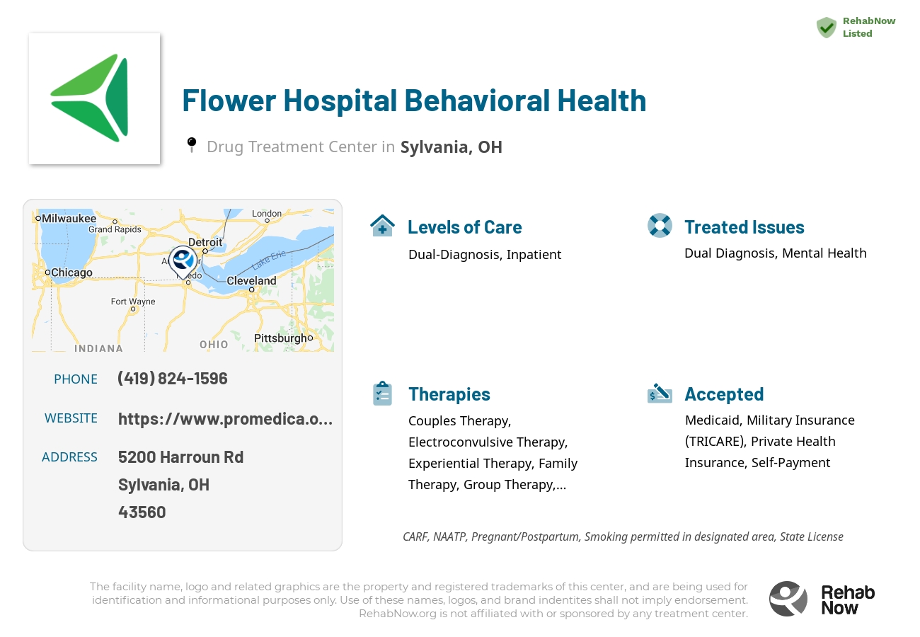 Helpful reference information for Flower Hospital Behavioral Health, a drug treatment center in Ohio located at: 5200 Harroun Rd, Sylvania, OH 43560, including phone numbers, official website, and more. Listed briefly is an overview of Levels of Care, Therapies Offered, Issues Treated, and accepted forms of Payment Methods.