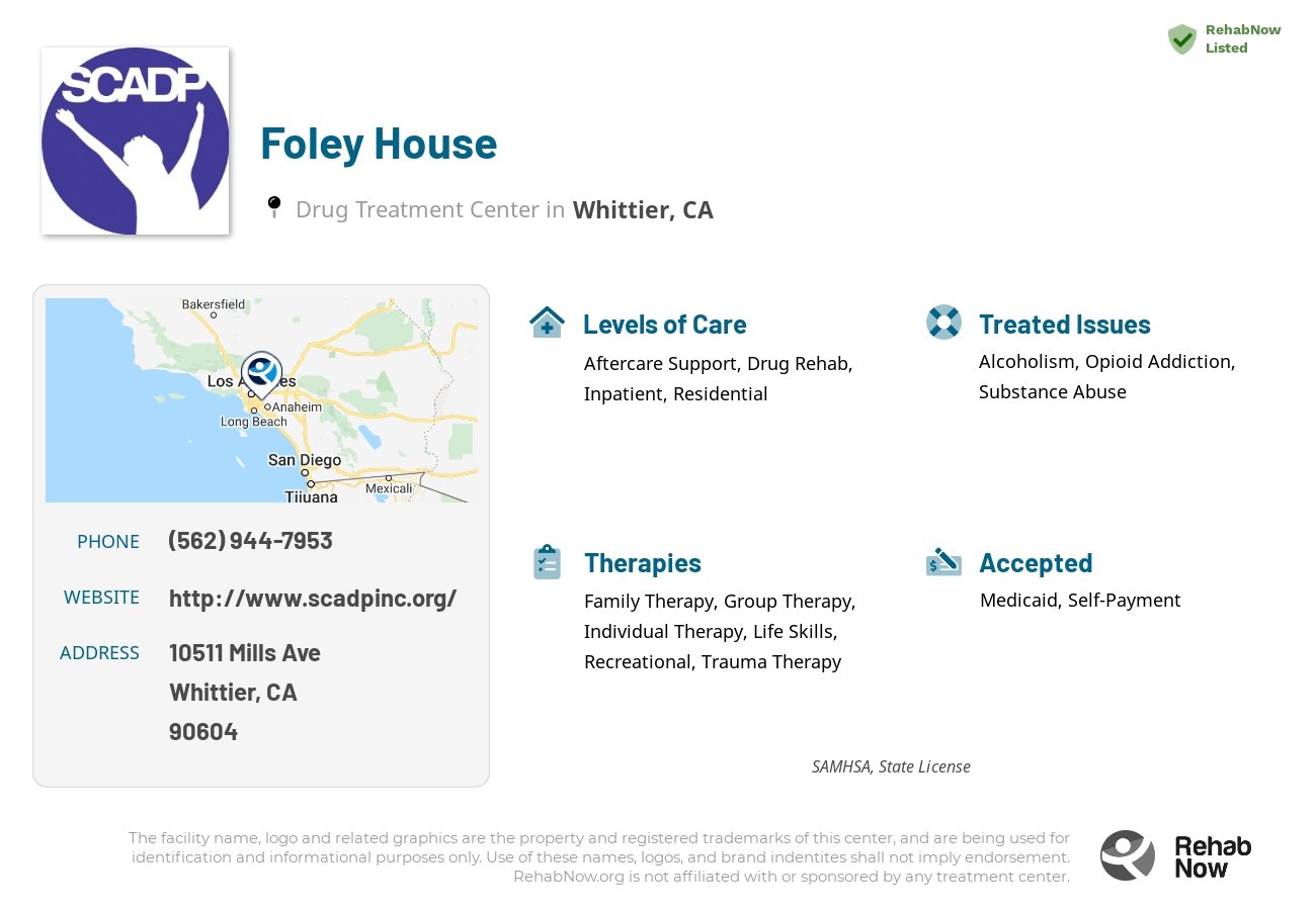 Helpful reference information for Foley House, a drug treatment center in California located at: 10511 Mills Ave, Whittier, CA 90604, including phone numbers, official website, and more. Listed briefly is an overview of Levels of Care, Therapies Offered, Issues Treated, and accepted forms of Payment Methods.