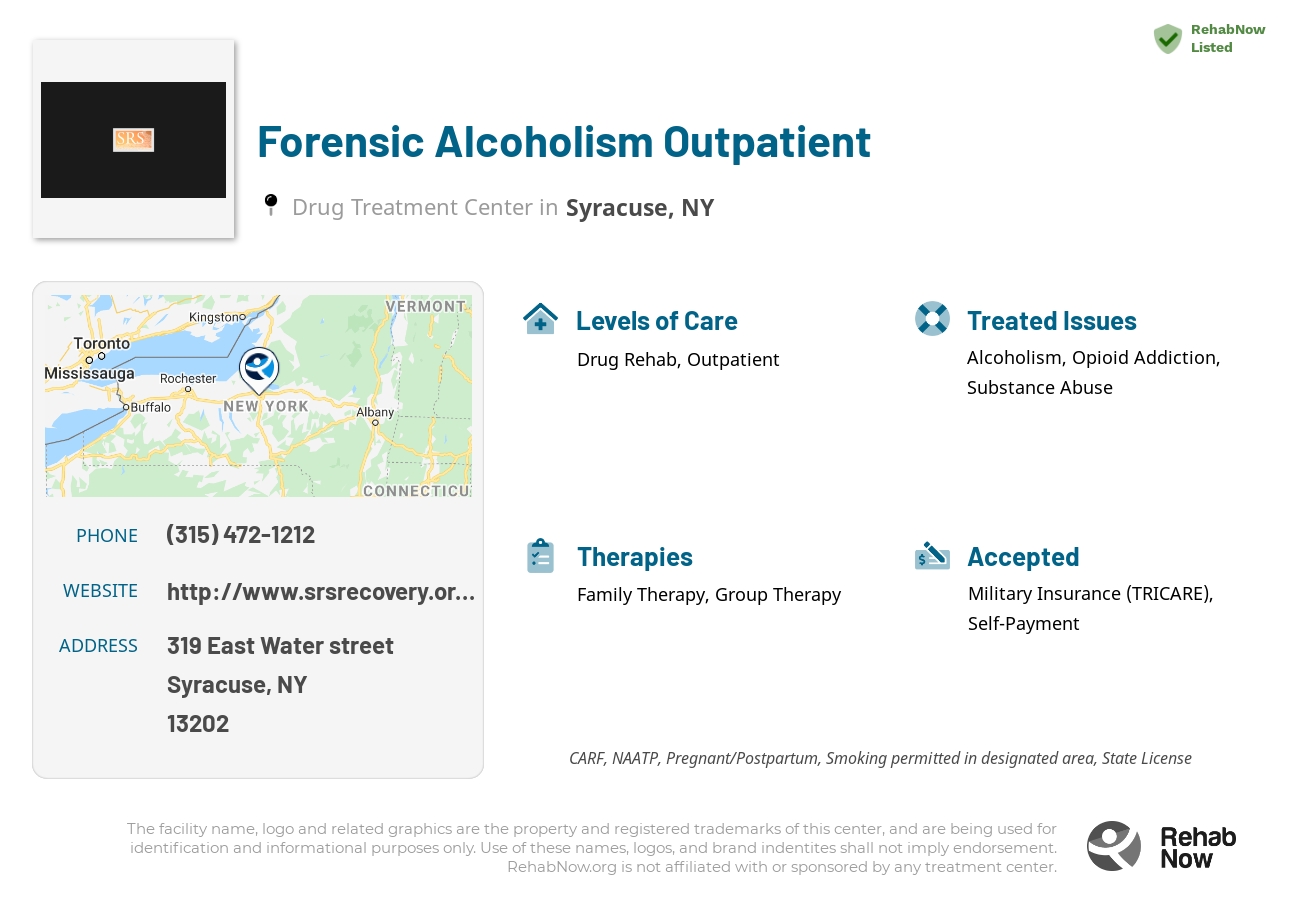 Helpful reference information for Forensic Alcoholism Outpatient, a drug treatment center in New York located at: 319 East Water street, Syracuse, NY, 13202, including phone numbers, official website, and more. Listed briefly is an overview of Levels of Care, Therapies Offered, Issues Treated, and accepted forms of Payment Methods.