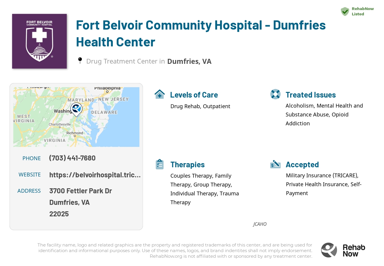 Helpful reference information for Fort Belvoir Community Hospital - Dumfries Health Center, a drug treatment center in Virginia located at: 3700 Fettler Park Dr, Dumfries, VA 22025, including phone numbers, official website, and more. Listed briefly is an overview of Levels of Care, Therapies Offered, Issues Treated, and accepted forms of Payment Methods.