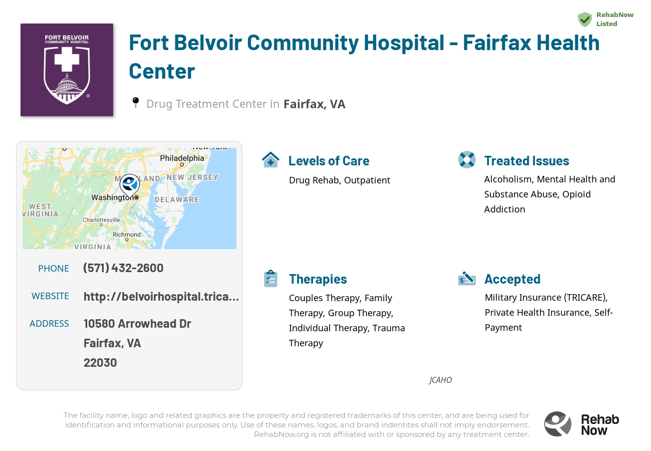 Helpful reference information for Fort Belvoir Community Hospital - Fairfax Health Center, a drug treatment center in Virginia located at: 10580 Arrowhead Dr, Fairfax, VA 22030, including phone numbers, official website, and more. Listed briefly is an overview of Levels of Care, Therapies Offered, Issues Treated, and accepted forms of Payment Methods.
