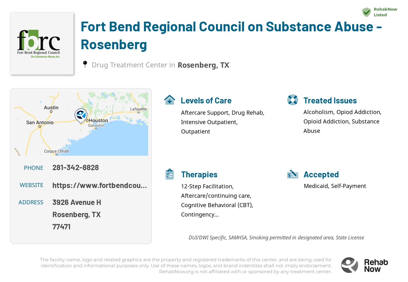 Helpful reference information for Fort Bend Regional Council on Substance Abuse - Rosenberg, a drug treatment center in Texas located at: 3926 Avenue H, Rosenberg, TX, 77471, including phone numbers, official website, and more. Listed briefly is an overview of Levels of Care, Therapies Offered, Issues Treated, and accepted forms of Payment Methods.
