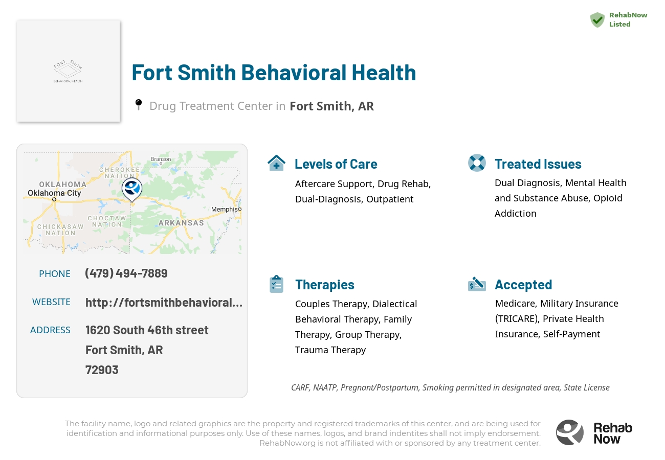 Helpful reference information for Fort Smith Behavioral Health, a drug treatment center in Arkansas located at: 1620 South 46th street, Fort Smith, AR, 72903, including phone numbers, official website, and more. Listed briefly is an overview of Levels of Care, Therapies Offered, Issues Treated, and accepted forms of Payment Methods.