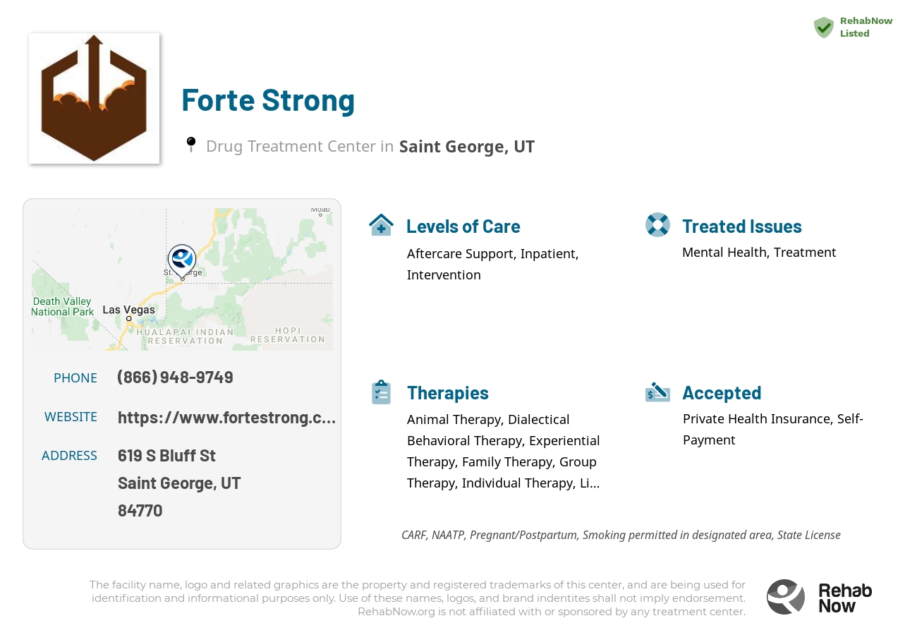 Helpful reference information for Forte Strong, a drug treatment center in Utah located at: 619 S Bluff St, Saint George, UT 84770, including phone numbers, official website, and more. Listed briefly is an overview of Levels of Care, Therapies Offered, Issues Treated, and accepted forms of Payment Methods.