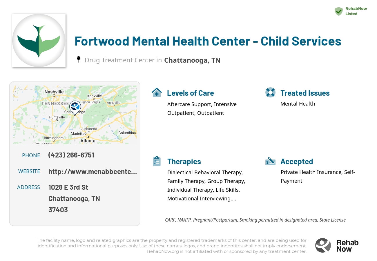 Helpful reference information for Fortwood Mental Health Center - Child Services, a drug treatment center in Tennessee located at: 1028 E 3rd St, Chattanooga, TN 37403, including phone numbers, official website, and more. Listed briefly is an overview of Levels of Care, Therapies Offered, Issues Treated, and accepted forms of Payment Methods.