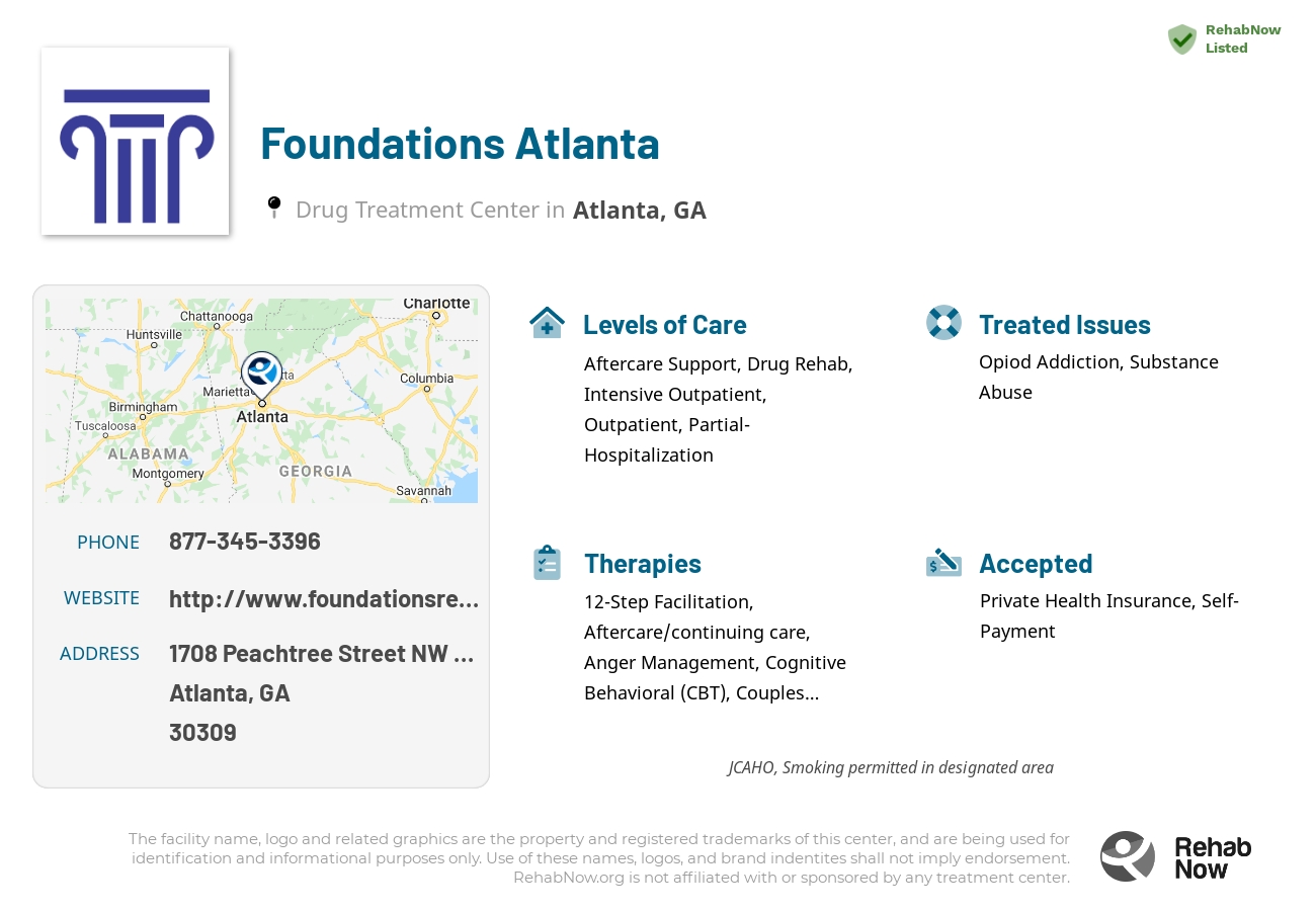 Helpful reference information for Foundations Atlanta, a drug treatment center in Georgia located at: 1708 Peachtree Street NW Suite 300, Atlanta, GA 30309, including phone numbers, official website, and more. Listed briefly is an overview of Levels of Care, Therapies Offered, Issues Treated, and accepted forms of Payment Methods.