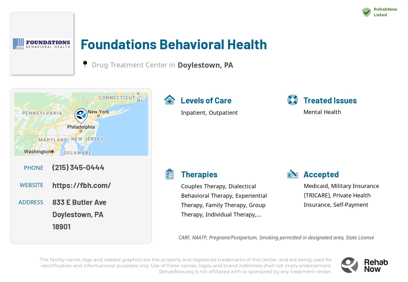 Helpful reference information for Foundations Behavioral Health, a drug treatment center in Pennsylvania located at: 833 E Butler Ave, Doylestown, PA 18901, including phone numbers, official website, and more. Listed briefly is an overview of Levels of Care, Therapies Offered, Issues Treated, and accepted forms of Payment Methods.