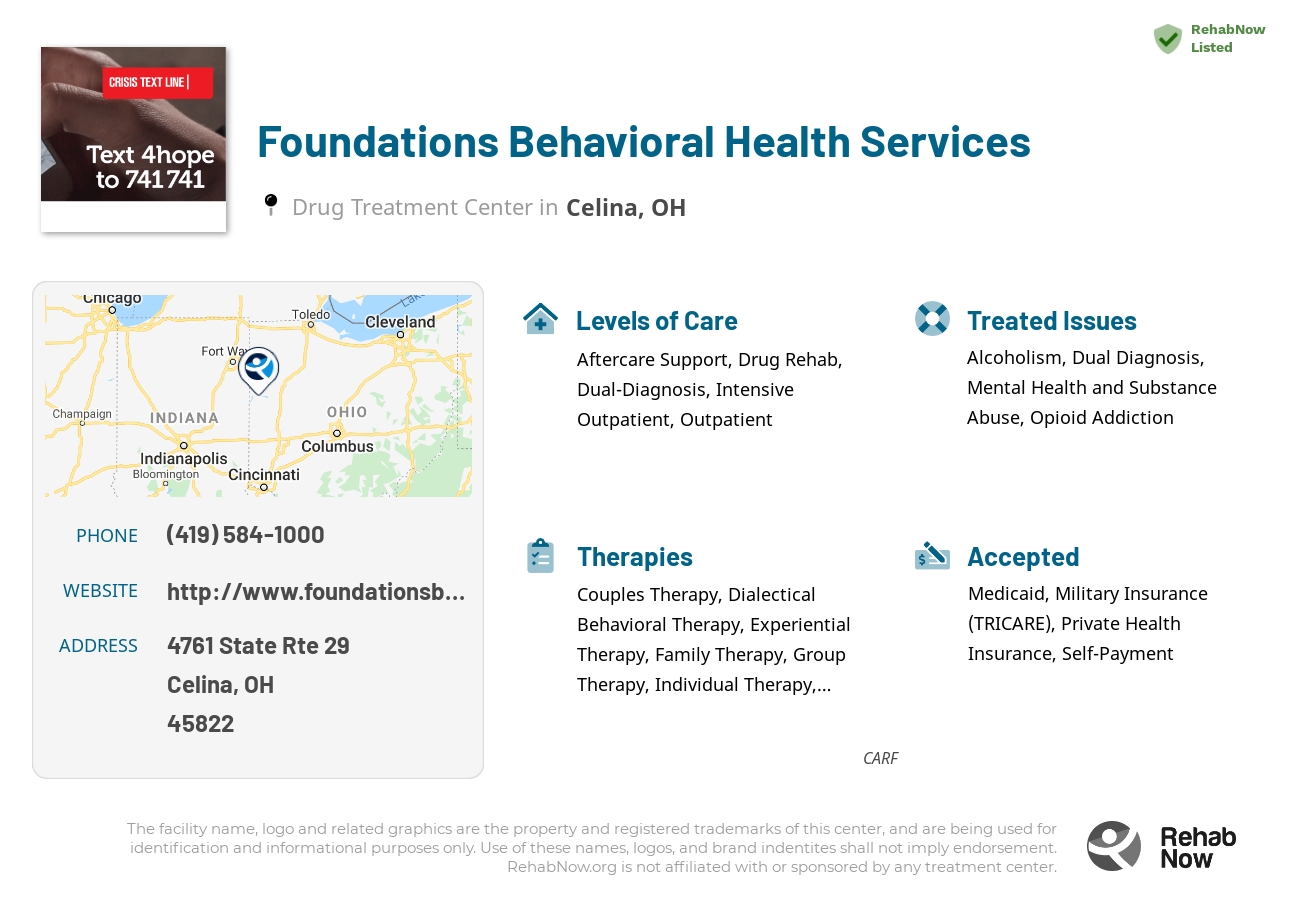 Helpful reference information for Foundations Behavioral Health Services, a drug treatment center in Ohio located at: 4761 State Rte 29, Celina, OH 45822, including phone numbers, official website, and more. Listed briefly is an overview of Levels of Care, Therapies Offered, Issues Treated, and accepted forms of Payment Methods.