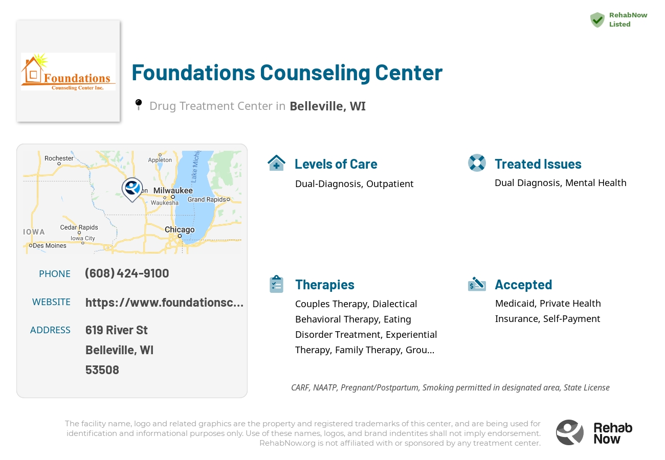 Helpful reference information for Foundations Counseling Center, a drug treatment center in Wisconsin located at: 619 River St, Belleville, WI 53508, including phone numbers, official website, and more. Listed briefly is an overview of Levels of Care, Therapies Offered, Issues Treated, and accepted forms of Payment Methods.
