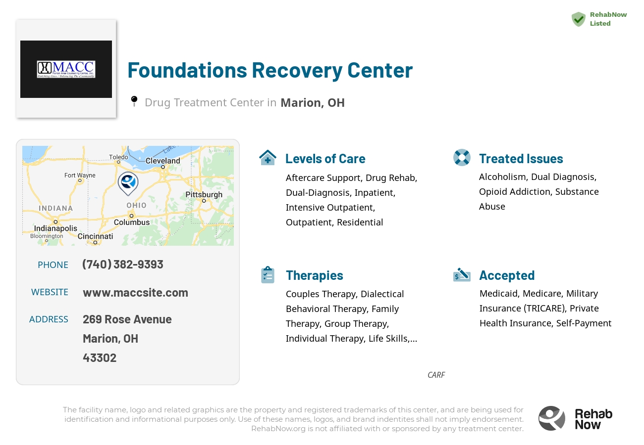Helpful reference information for Foundations Recovery Center, a drug treatment center in Ohio located at: 269 Rose Avenue, Marion, OH, 43302, including phone numbers, official website, and more. Listed briefly is an overview of Levels of Care, Therapies Offered, Issues Treated, and accepted forms of Payment Methods.