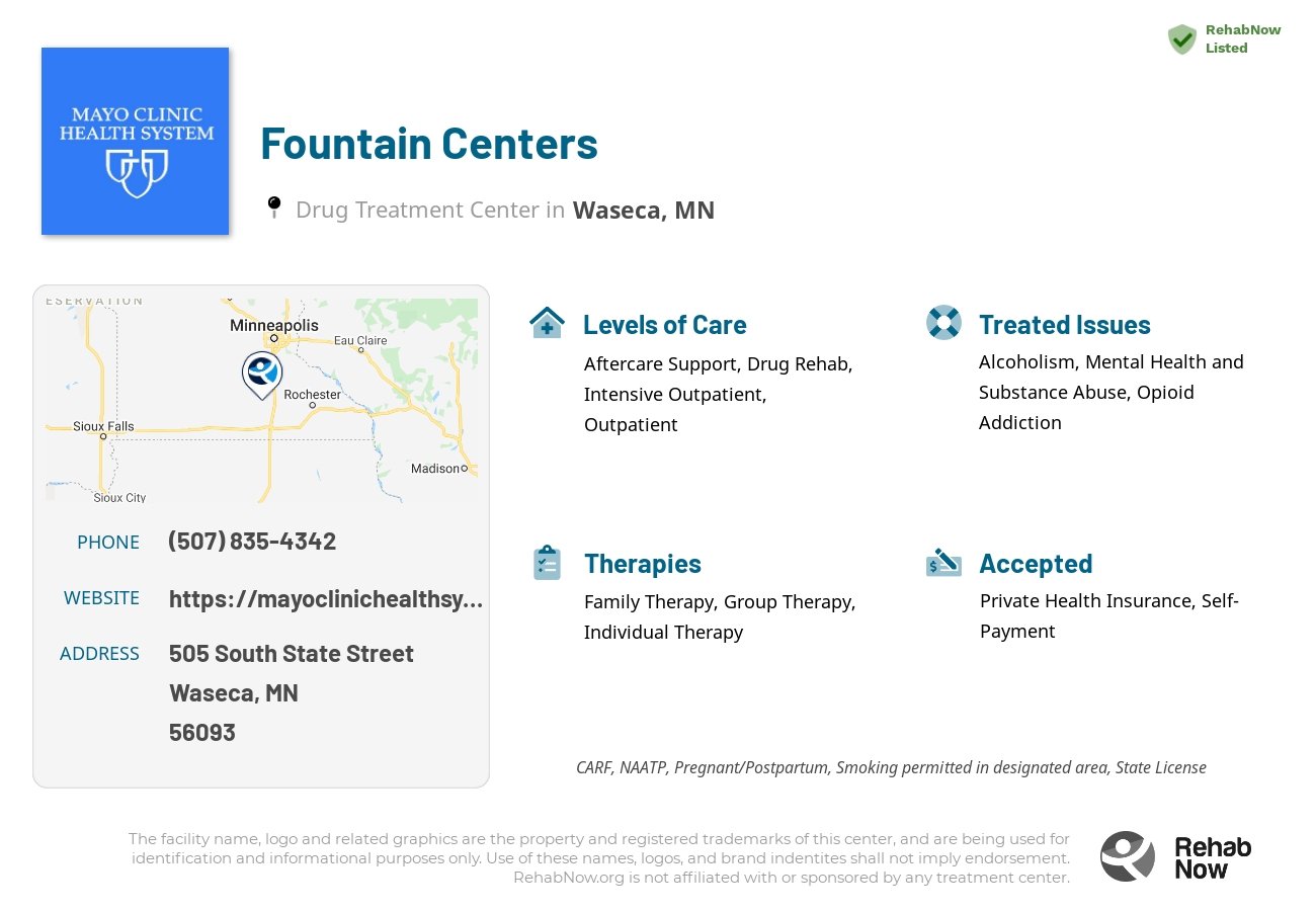 Helpful reference information for Fountain Centers, a drug treatment center in Minnesota located at: 505 505 South State Street, Waseca, MN 56093, including phone numbers, official website, and more. Listed briefly is an overview of Levels of Care, Therapies Offered, Issues Treated, and accepted forms of Payment Methods.