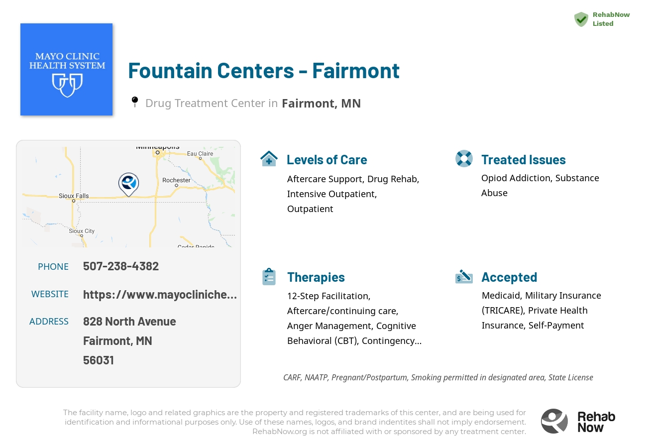 Helpful reference information for Fountain Centers - Fairmont, a drug treatment center in Minnesota located at: 828 North Avenue, Fairmont, MN 56031, including phone numbers, official website, and more. Listed briefly is an overview of Levels of Care, Therapies Offered, Issues Treated, and accepted forms of Payment Methods.