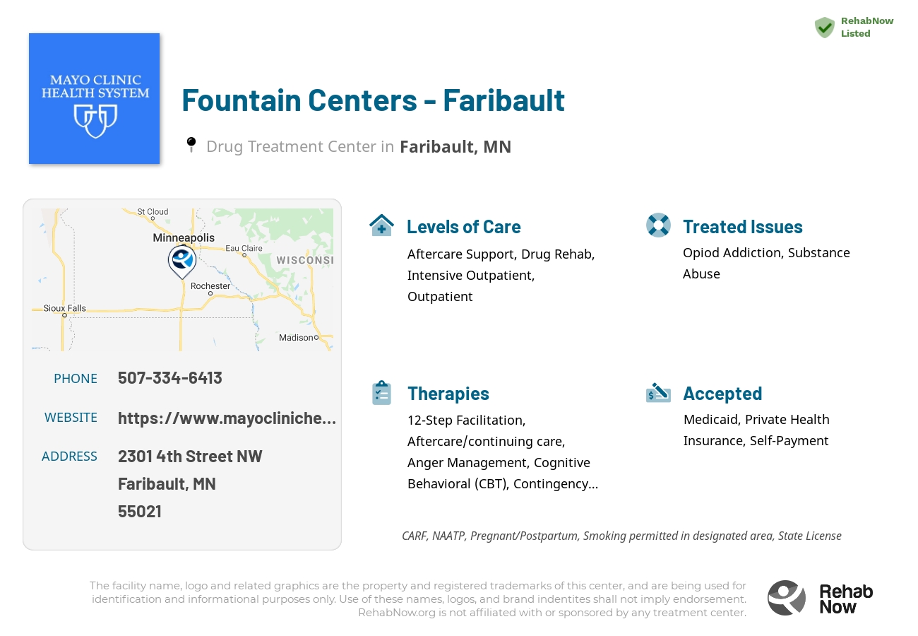 Helpful reference information for Fountain Centers - Faribault, a drug treatment center in Minnesota located at: 2301 4th Street NW, Faribault, MN 55021, including phone numbers, official website, and more. Listed briefly is an overview of Levels of Care, Therapies Offered, Issues Treated, and accepted forms of Payment Methods.
