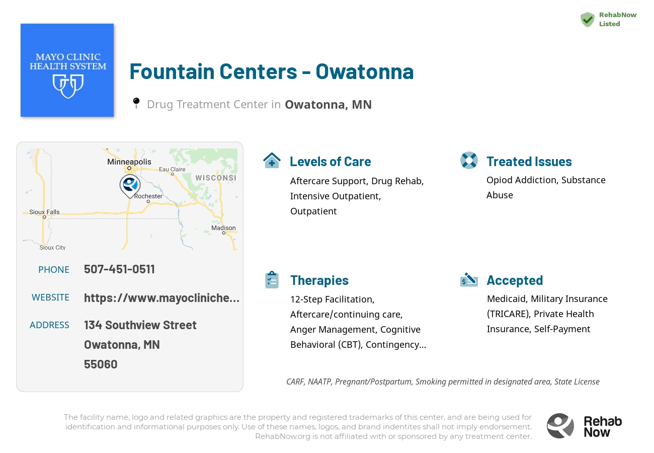 Helpful reference information for Fountain Centers - Owatonna, a drug treatment center in Minnesota located at: 134 Southview Street, Owatonna, MN 55060, including phone numbers, official website, and more. Listed briefly is an overview of Levels of Care, Therapies Offered, Issues Treated, and accepted forms of Payment Methods.