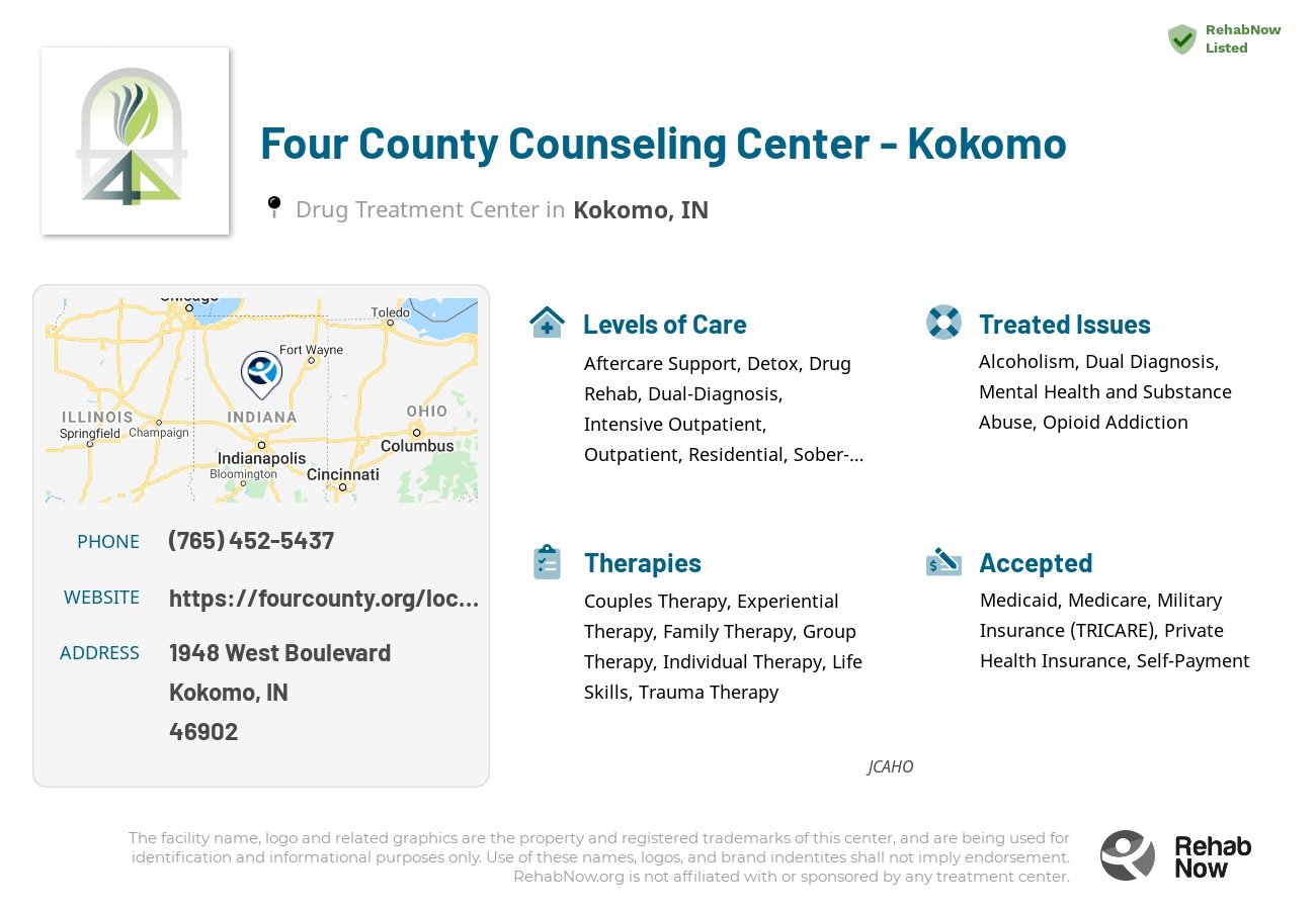 Helpful reference information for Four County Counseling Center - Kokomo, a drug treatment center in Indiana located at: 1948 West Boulevard, Kokomo, IN, 46902, including phone numbers, official website, and more. Listed briefly is an overview of Levels of Care, Therapies Offered, Issues Treated, and accepted forms of Payment Methods.