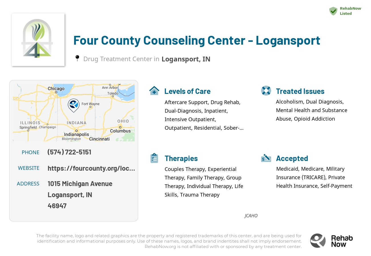 Helpful reference information for Four County Counseling Center - Logansport, a drug treatment center in Indiana located at: 1015 Michigan Avenue, Logansport, IN, 46947, including phone numbers, official website, and more. Listed briefly is an overview of Levels of Care, Therapies Offered, Issues Treated, and accepted forms of Payment Methods.