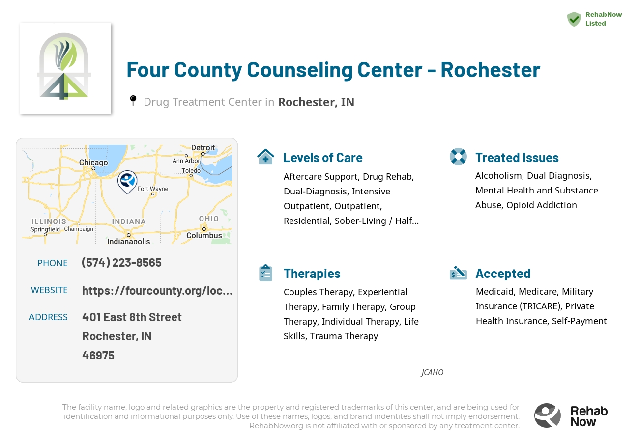 Helpful reference information for Four County Counseling Center - Rochester, a drug treatment center in Indiana located at: 401 East 8th Street, Rochester, IN, 46975, including phone numbers, official website, and more. Listed briefly is an overview of Levels of Care, Therapies Offered, Issues Treated, and accepted forms of Payment Methods.