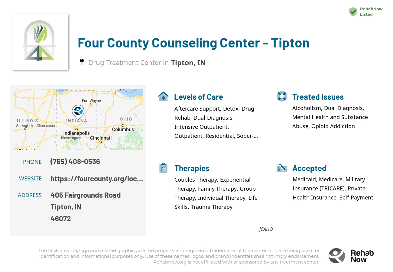 Helpful reference information for Four County Counseling Center - Tipton, a drug treatment center in Indiana located at: 405 Fairgrounds Road, Tipton, IN, 46072, including phone numbers, official website, and more. Listed briefly is an overview of Levels of Care, Therapies Offered, Issues Treated, and accepted forms of Payment Methods.