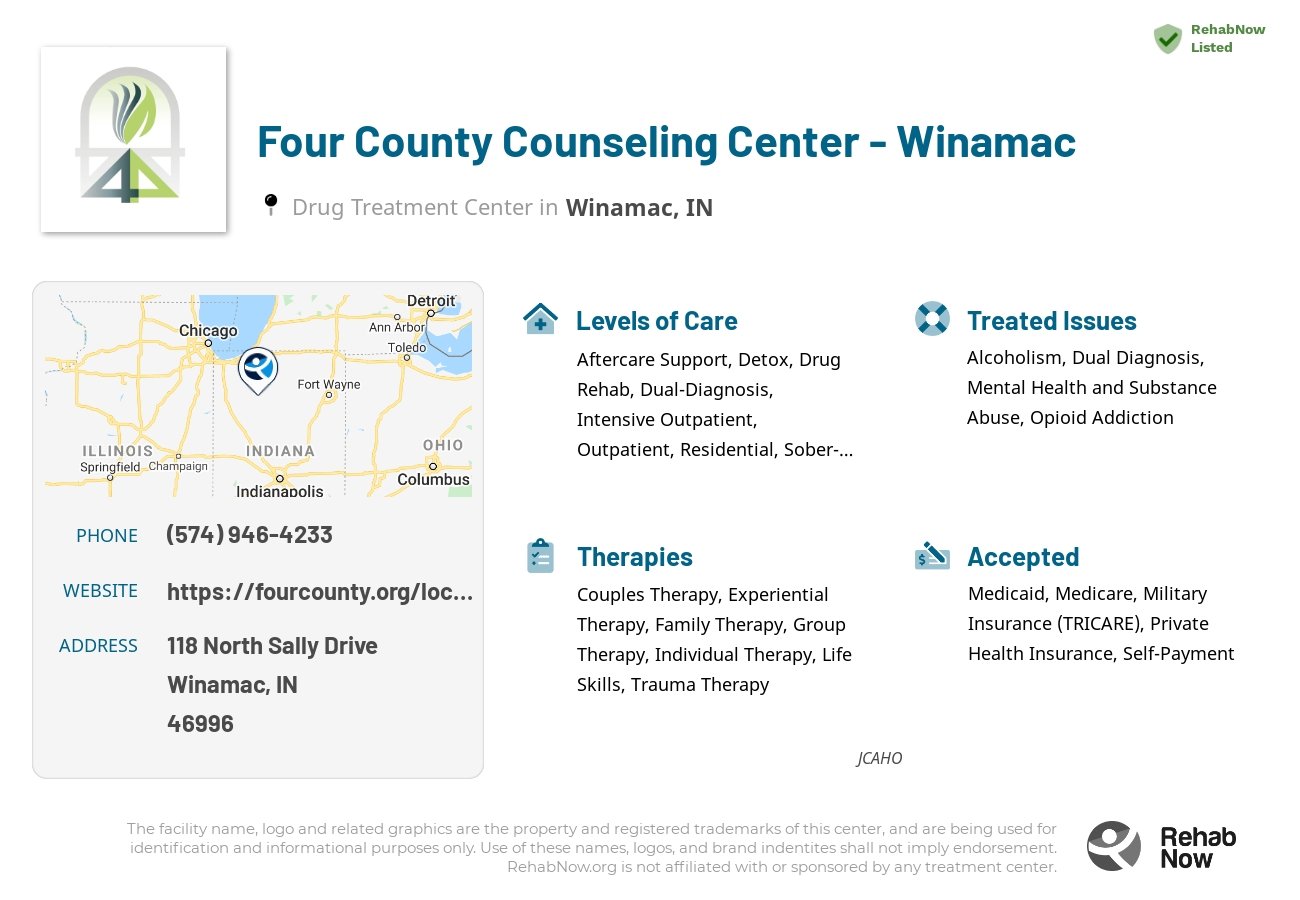 Helpful reference information for Four County Counseling Center - Winamac, a drug treatment center in Indiana located at: 118 North Sally Drive, Winamac, IN, 46996, including phone numbers, official website, and more. Listed briefly is an overview of Levels of Care, Therapies Offered, Issues Treated, and accepted forms of Payment Methods.