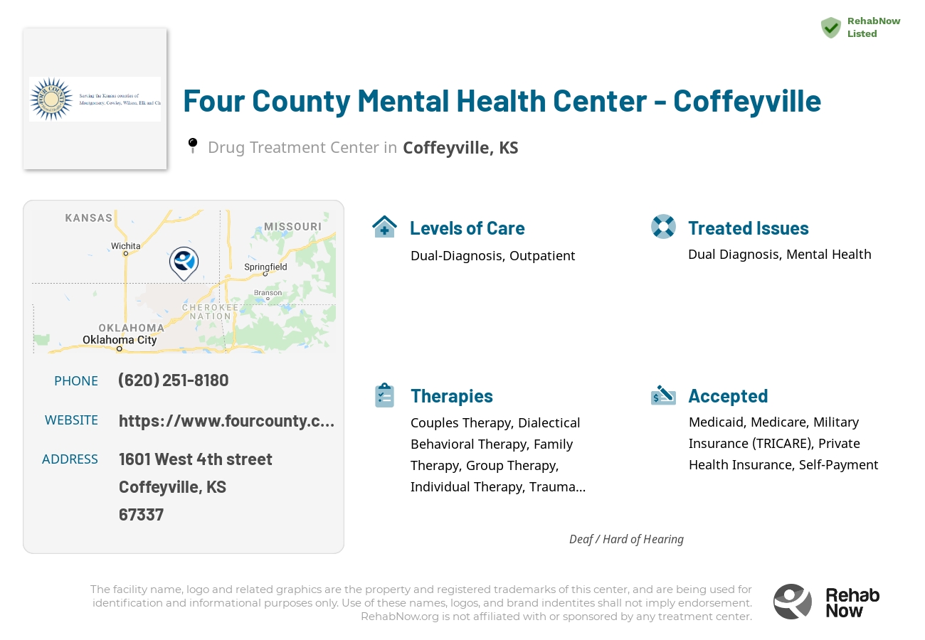 Helpful reference information for Four County Mental Health Center - Coffeyville, a drug treatment center in Kansas located at: 1601 1601 West 4th street, Coffeyville, KS 67337, including phone numbers, official website, and more. Listed briefly is an overview of Levels of Care, Therapies Offered, Issues Treated, and accepted forms of Payment Methods.