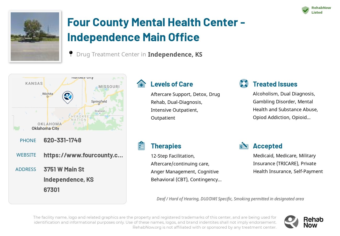 Helpful reference information for Four County Mental Health Center - Independence Main Office, a drug treatment center in Kansas located at: 3751 W Main St, Independence, KS 67301, including phone numbers, official website, and more. Listed briefly is an overview of Levels of Care, Therapies Offered, Issues Treated, and accepted forms of Payment Methods.