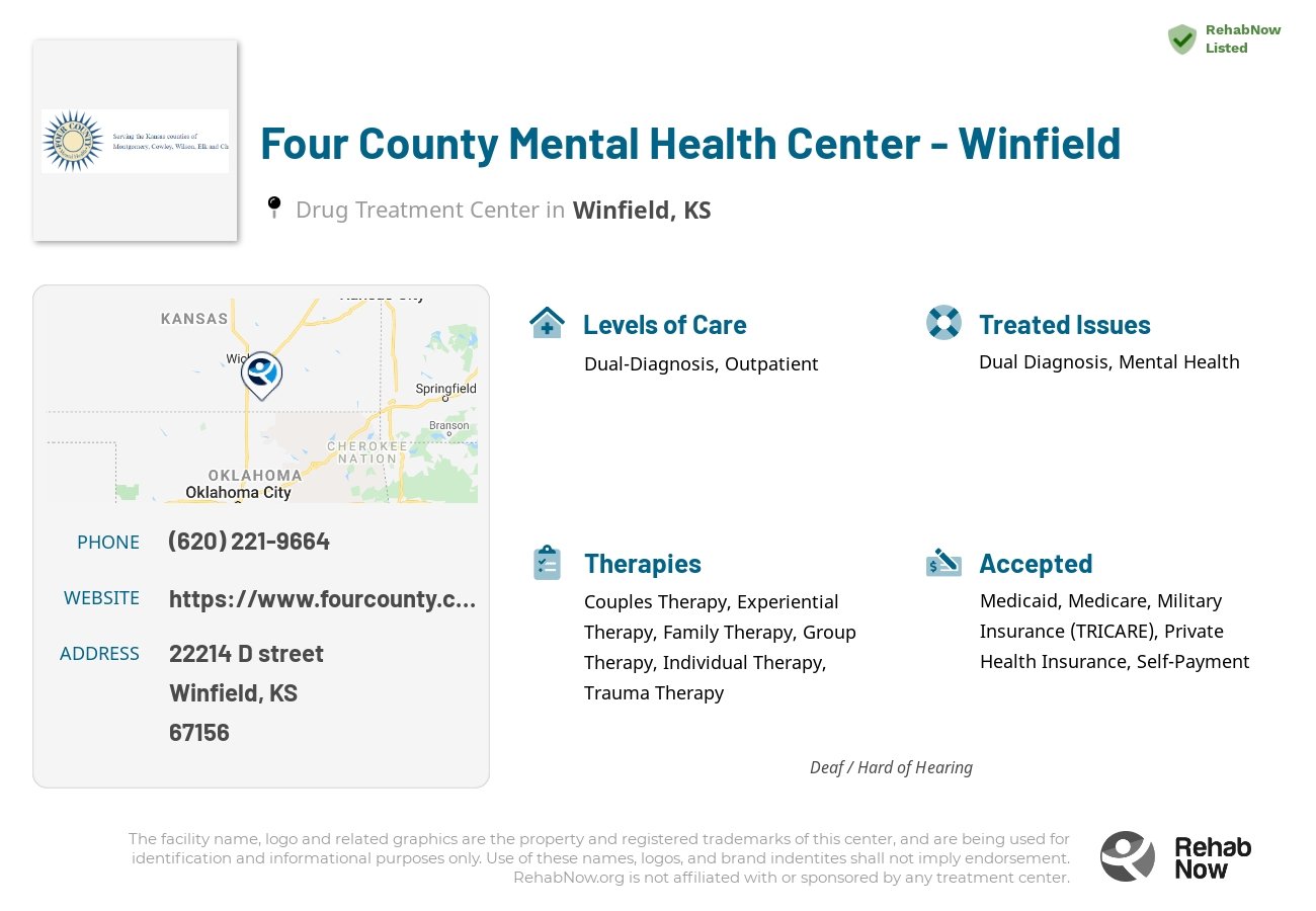 Helpful reference information for Four County Mental Health Center - Winfield, a drug treatment center in Kansas located at: 22214 22214 D street, Winfield, KS 67156, including phone numbers, official website, and more. Listed briefly is an overview of Levels of Care, Therapies Offered, Issues Treated, and accepted forms of Payment Methods.