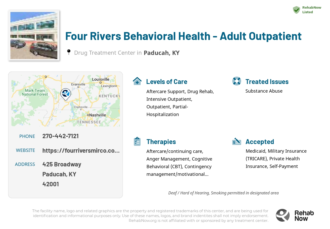 Helpful reference information for Four Rivers Behavioral Health - Adult Outpatient, a drug treatment center in Kentucky located at: 425 Broadway, Paducah, KY 42001, including phone numbers, official website, and more. Listed briefly is an overview of Levels of Care, Therapies Offered, Issues Treated, and accepted forms of Payment Methods.
