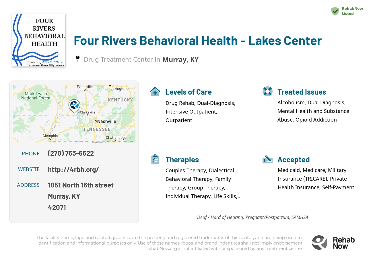 Helpful reference information for Four Rivers Behavioral Health - Lakes Center, a drug treatment center in Kentucky located at: 1051 North 16th street, Murray, KY, 42071, including phone numbers, official website, and more. Listed briefly is an overview of Levels of Care, Therapies Offered, Issues Treated, and accepted forms of Payment Methods.