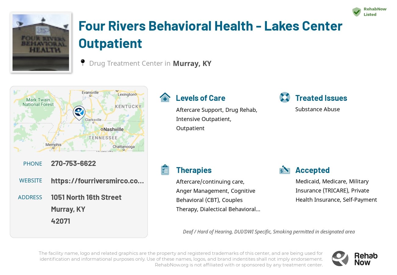Helpful reference information for Four Rivers Behavioral Health - Lakes Center Outpatient, a drug treatment center in Kentucky located at: 1051 North 16th Street, Murray, KY 42071, including phone numbers, official website, and more. Listed briefly is an overview of Levels of Care, Therapies Offered, Issues Treated, and accepted forms of Payment Methods.