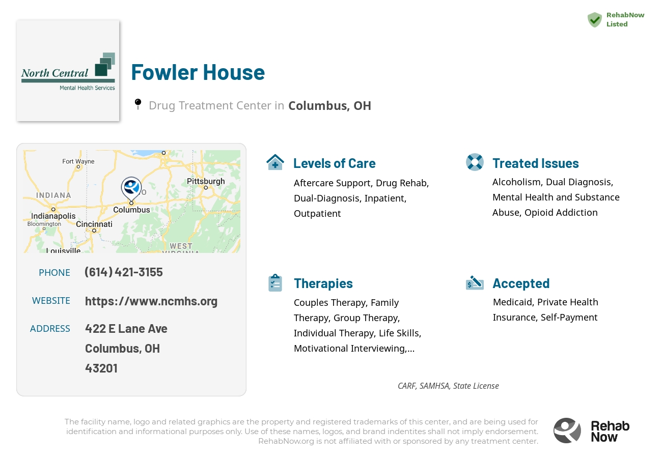 Helpful reference information for Fowler House, a drug treatment center in Ohio located at: 422 E Lane Ave, Columbus, OH 43201, including phone numbers, official website, and more. Listed briefly is an overview of Levels of Care, Therapies Offered, Issues Treated, and accepted forms of Payment Methods.