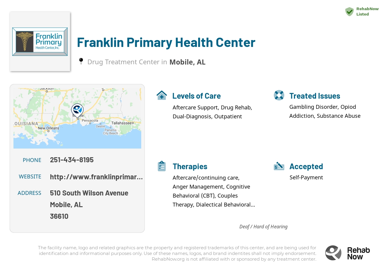 Helpful reference information for Franklin Primary Health Center, a drug treatment center in Alabama located at: 510 South Wilson Avenue, Mobile, AL 36610, including phone numbers, official website, and more. Listed briefly is an overview of Levels of Care, Therapies Offered, Issues Treated, and accepted forms of Payment Methods.