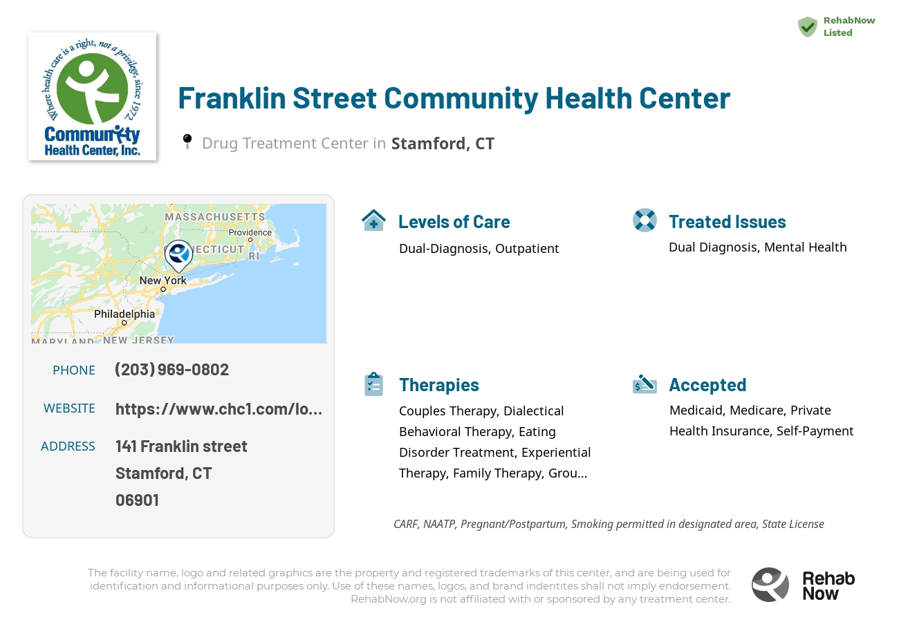 Helpful reference information for Franklin Street Community Health Center, a drug treatment center in Connecticut located at: 141 Franklin street, Stamford, CT, 06901, including phone numbers, official website, and more. Listed briefly is an overview of Levels of Care, Therapies Offered, Issues Treated, and accepted forms of Payment Methods.