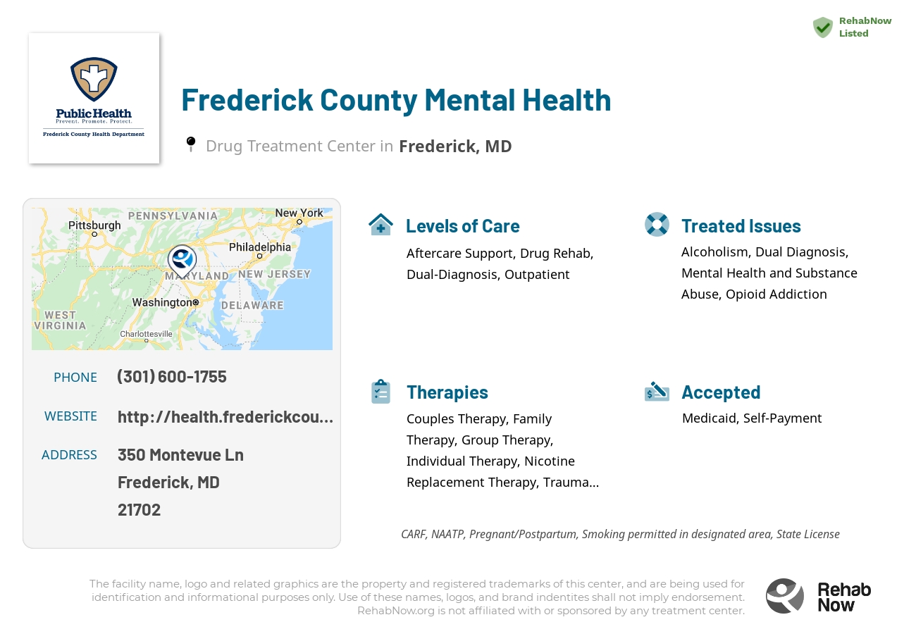 Helpful reference information for Frederick County Mental Health, a drug treatment center in Maryland located at: 350 Montevue Ln, Frederick, MD 21702, including phone numbers, official website, and more. Listed briefly is an overview of Levels of Care, Therapies Offered, Issues Treated, and accepted forms of Payment Methods.