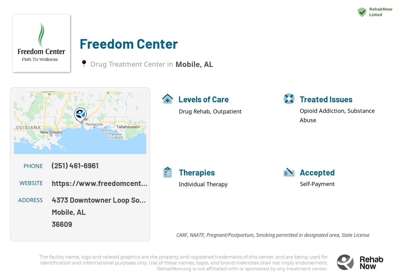 Helpful reference information for Freedom Center, a drug treatment center in Alabama located at: 4373 Downtowner Loop South, Mobile, AL, 36609, including phone numbers, official website, and more. Listed briefly is an overview of Levels of Care, Therapies Offered, Issues Treated, and accepted forms of Payment Methods.