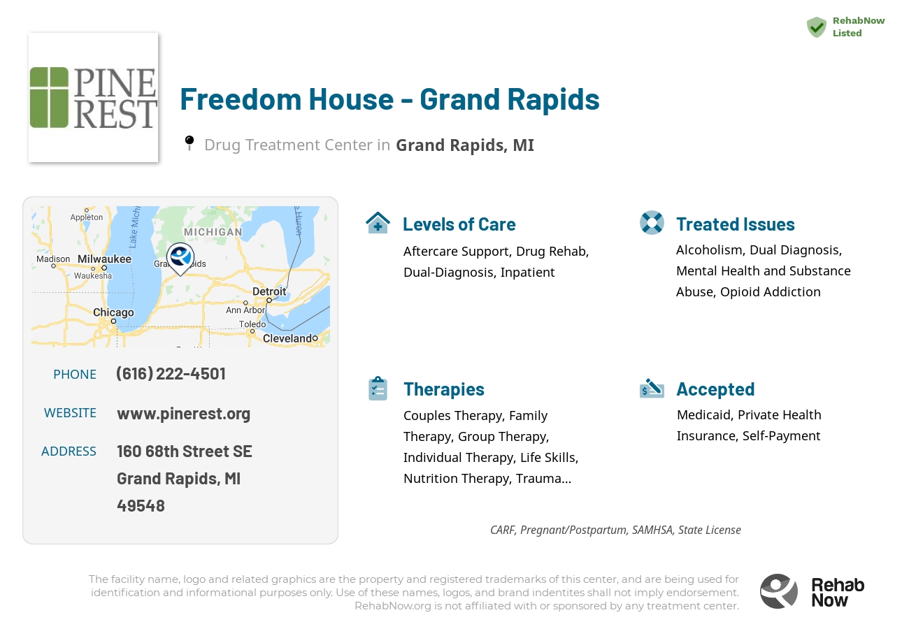 Helpful reference information for Freedom House - Grand Rapids, a drug treatment center in Michigan located at: 160 68th Street SE, Grand Rapids, MI, 49548, including phone numbers, official website, and more. Listed briefly is an overview of Levels of Care, Therapies Offered, Issues Treated, and accepted forms of Payment Methods.