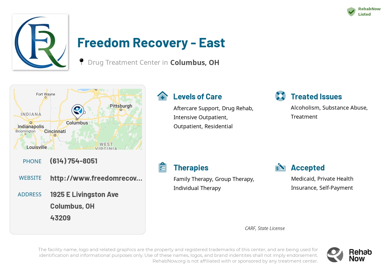 Helpful reference information for Freedom Recovery - East, a drug treatment center in Ohio located at: 1925 E Livingston Ave, Columbus, OH 43209, including phone numbers, official website, and more. Listed briefly is an overview of Levels of Care, Therapies Offered, Issues Treated, and accepted forms of Payment Methods.