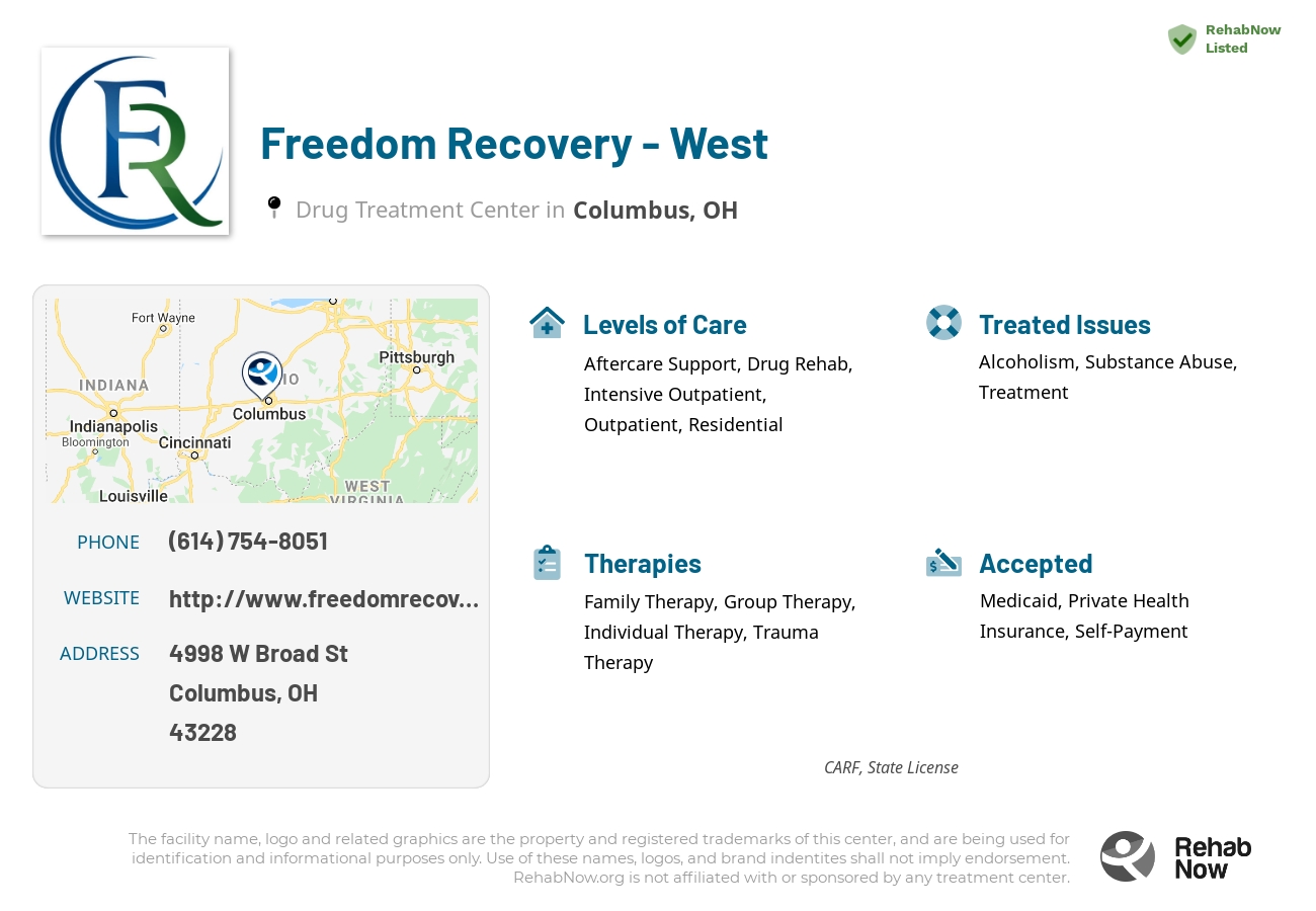 Helpful reference information for Freedom Recovery - West, a drug treatment center in Ohio located at: 4998 W Broad St, Columbus, OH 43228, including phone numbers, official website, and more. Listed briefly is an overview of Levels of Care, Therapies Offered, Issues Treated, and accepted forms of Payment Methods.
