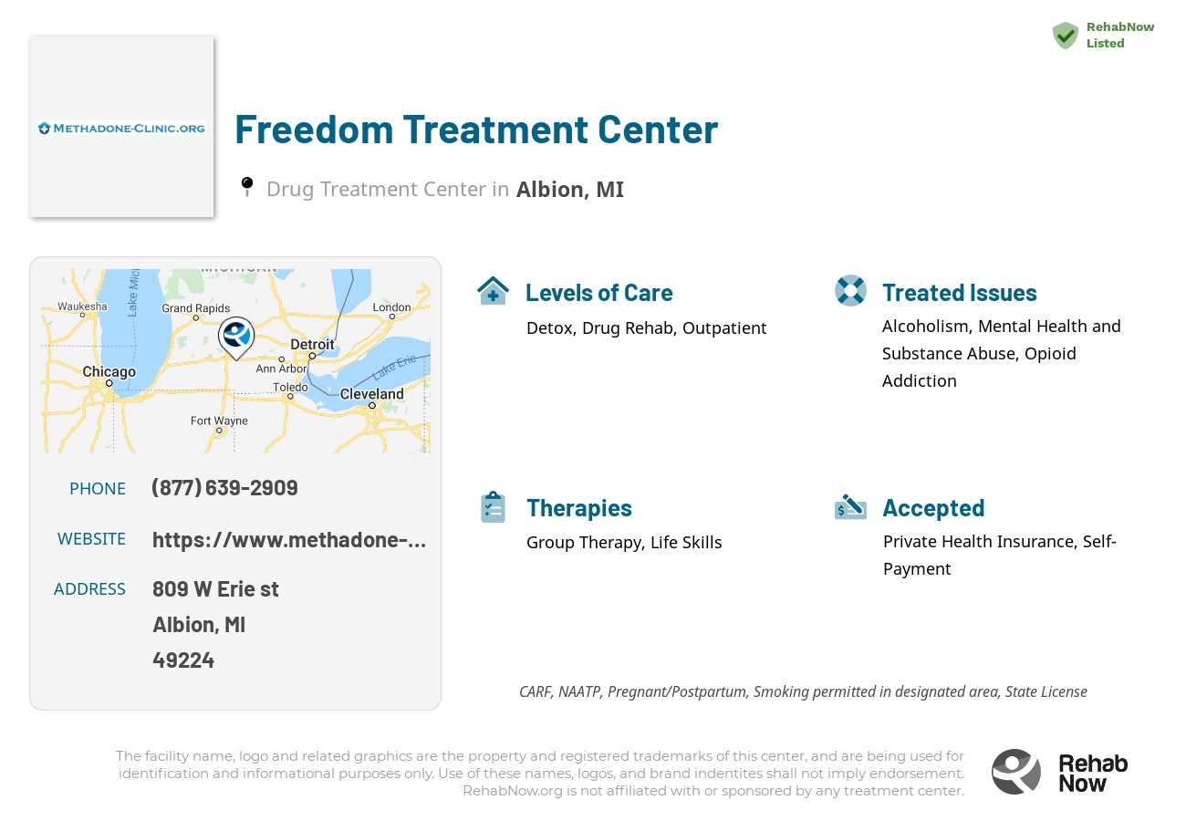 Helpful reference information for Freedom Treatment Center, a drug treatment center in Michigan located at: 809 W Erie st, Albion, MI, 49224, including phone numbers, official website, and more. Listed briefly is an overview of Levels of Care, Therapies Offered, Issues Treated, and accepted forms of Payment Methods.