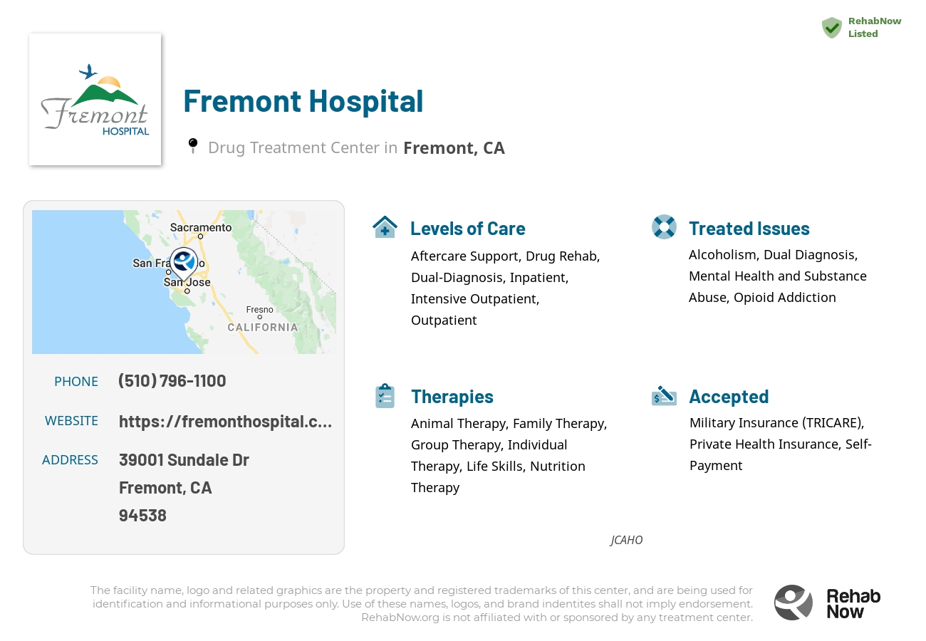 Helpful reference information for Fremont Hospital, a drug treatment center in California located at: 39001 Sundale Dr, Fremont, CA 94538, including phone numbers, official website, and more. Listed briefly is an overview of Levels of Care, Therapies Offered, Issues Treated, and accepted forms of Payment Methods.