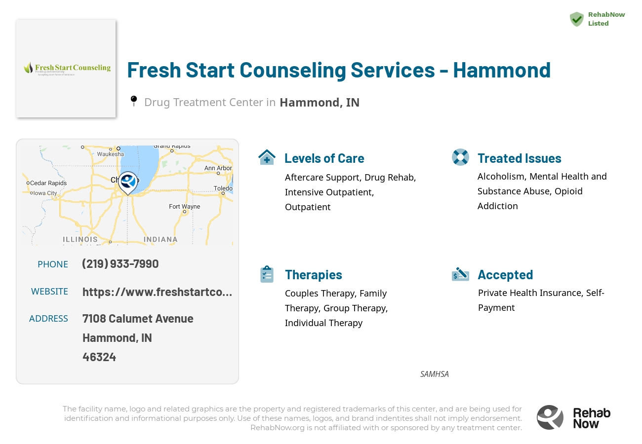Helpful reference information for Fresh Start Counseling Services - Hammond, a drug treatment center in Indiana located at: 7108 Calumet Avenue, Hammond, IN, 46324, including phone numbers, official website, and more. Listed briefly is an overview of Levels of Care, Therapies Offered, Issues Treated, and accepted forms of Payment Methods.