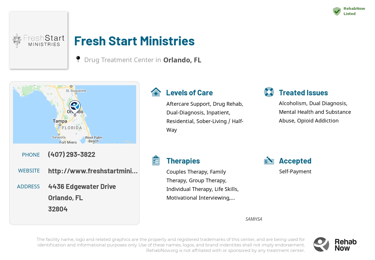 Helpful reference information for Fresh Start Ministries, a drug treatment center in Florida located at: 4436 Edgewater Drive, Orlando, FL, 32804, including phone numbers, official website, and more. Listed briefly is an overview of Levels of Care, Therapies Offered, Issues Treated, and accepted forms of Payment Methods.