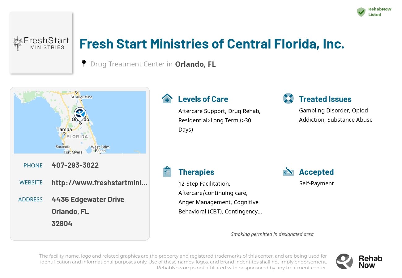 Helpful reference information for Fresh Start Ministries of Central Florida, Inc., a drug treatment center in Florida located at: 4436 Edgewater Drive, Orlando, FL 32804, including phone numbers, official website, and more. Listed briefly is an overview of Levels of Care, Therapies Offered, Issues Treated, and accepted forms of Payment Methods.