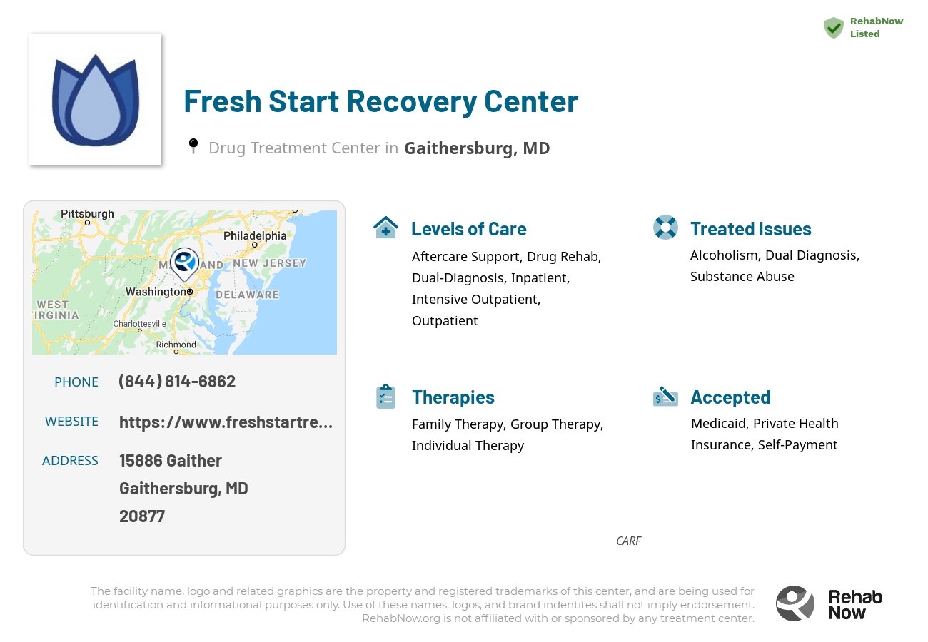 Helpful reference information for Fresh Start Recovery Center, a drug treatment center in Maryland located at: 15886 Gaither, Gaithersburg, MD, 20877, including phone numbers, official website, and more. Listed briefly is an overview of Levels of Care, Therapies Offered, Issues Treated, and accepted forms of Payment Methods.
