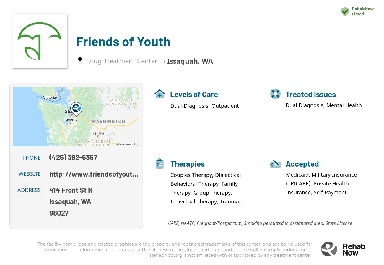 Helpful reference information for Friends of Youth, a drug treatment center in Washington located at: 414 Front St N, Issaquah, WA 98027, including phone numbers, official website, and more. Listed briefly is an overview of Levels of Care, Therapies Offered, Issues Treated, and accepted forms of Payment Methods.