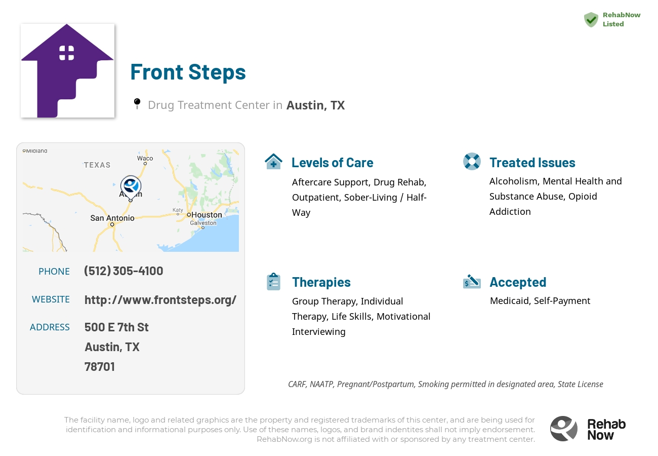 Helpful reference information for Front Steps, a drug treatment center in Texas located at: 500 E 7th St, Austin, TX 78701, including phone numbers, official website, and more. Listed briefly is an overview of Levels of Care, Therapies Offered, Issues Treated, and accepted forms of Payment Methods.
