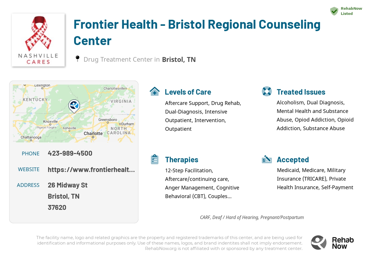 Helpful reference information for Frontier Health - Bristol Regional Counseling Center, a drug treatment center in Tennessee located at: 26 Midway St, Bristol, TN 37620, including phone numbers, official website, and more. Listed briefly is an overview of Levels of Care, Therapies Offered, Issues Treated, and accepted forms of Payment Methods.